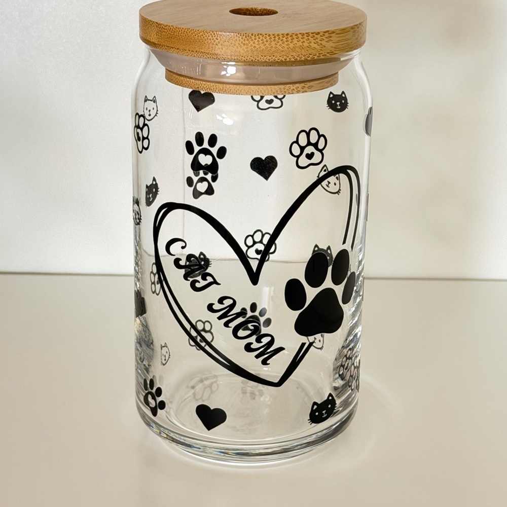 Cat Mom 16oz Libby Glass Tumbler with Bamboo Lid